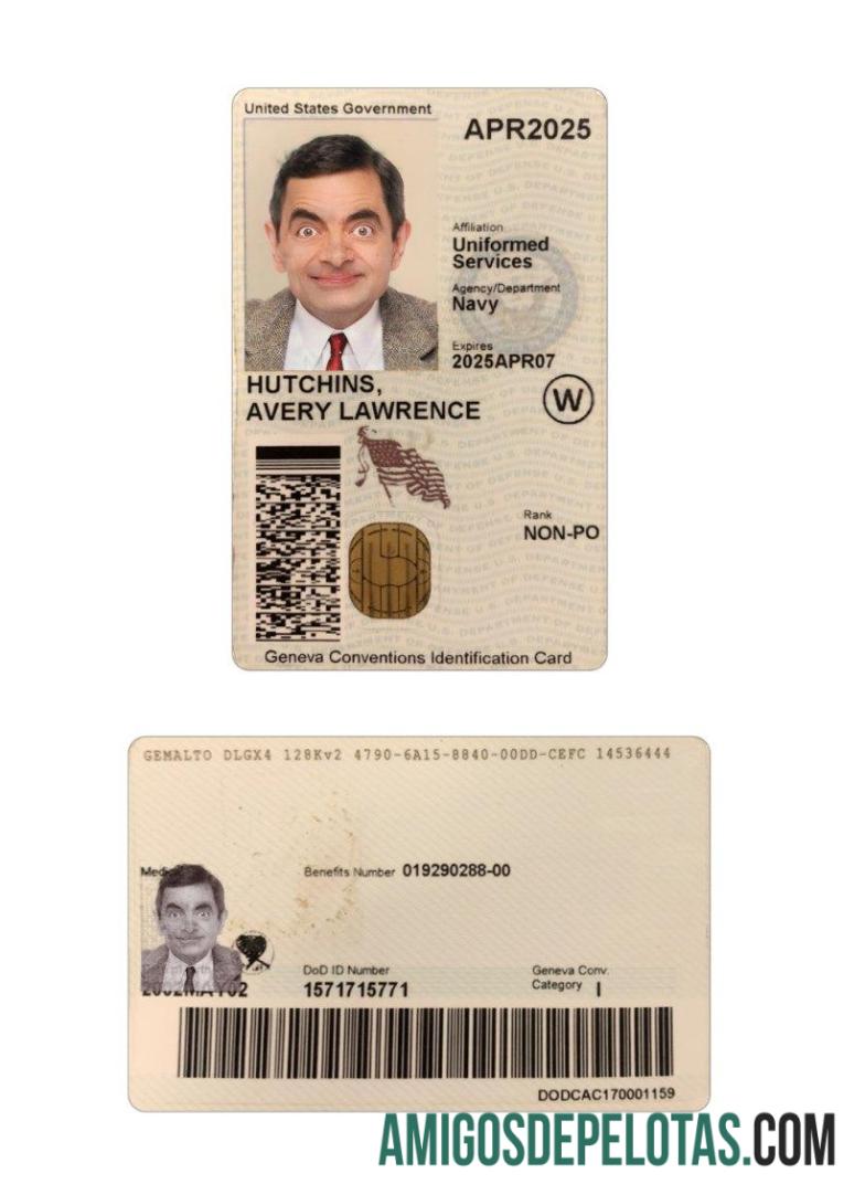 Cartão de identificação das Convenções de Genebra nos EUA exemplo real